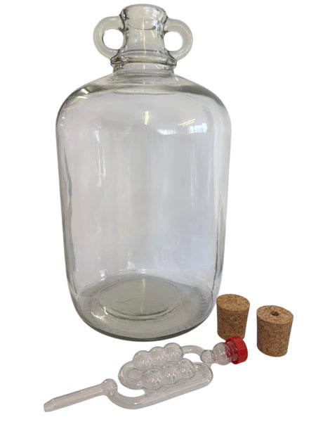 5 Litre Glass Demi John with Ovaled Neck, 2 Large Cork Bungs and an Airlock