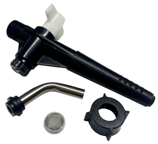 Black Plastic Cask Tap with 3/4 BSP Thread, 90 Degree Stainless Steel Turndown Spout & Hop Filter